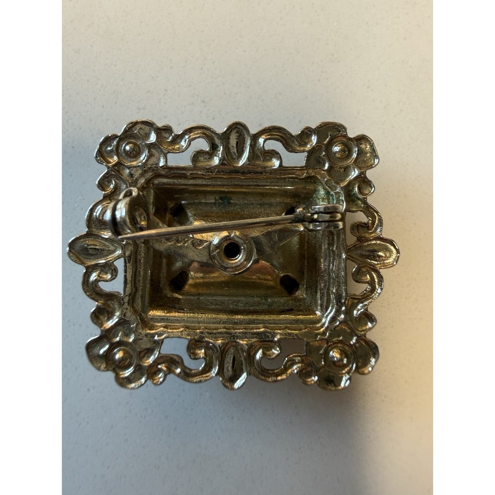 Vintage Signed Coro Rectangular & Round Green Rhinestone Gold Tone Brooch Pin - Picture 4 of 6